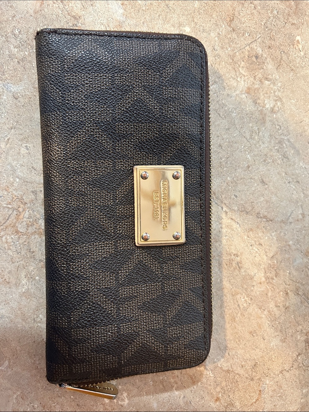 Michael Kors Black Signature Zip Wallet with Gold Plate